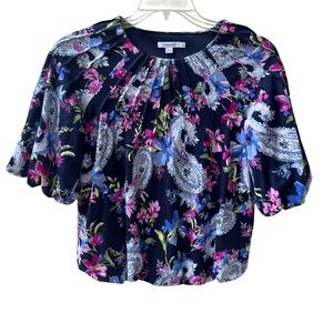 Chico's Paisley Passport Blue Pintuck Bubble Hem Top Size 0 Women’s Small
